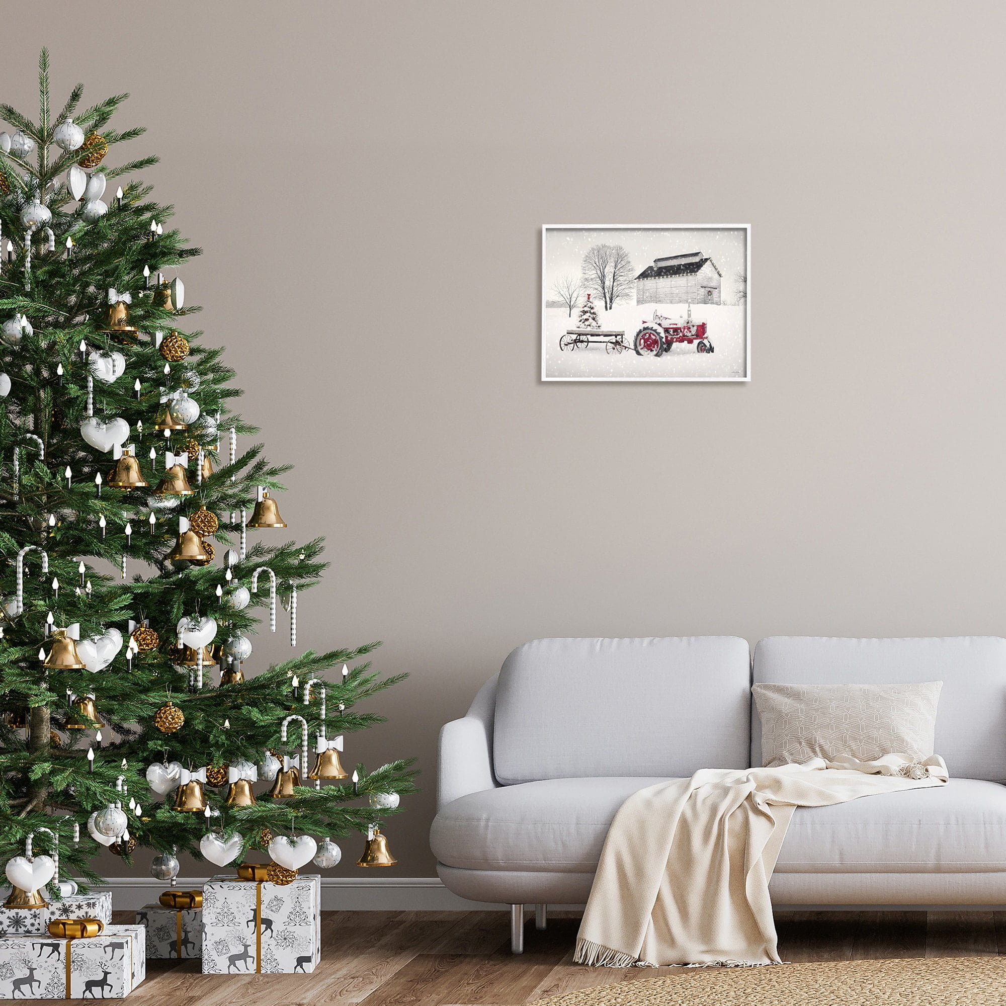 Festive Red Christmas Tractor Niveous Countryside Flurries Landscape Painting Framed Art Print Wall Art