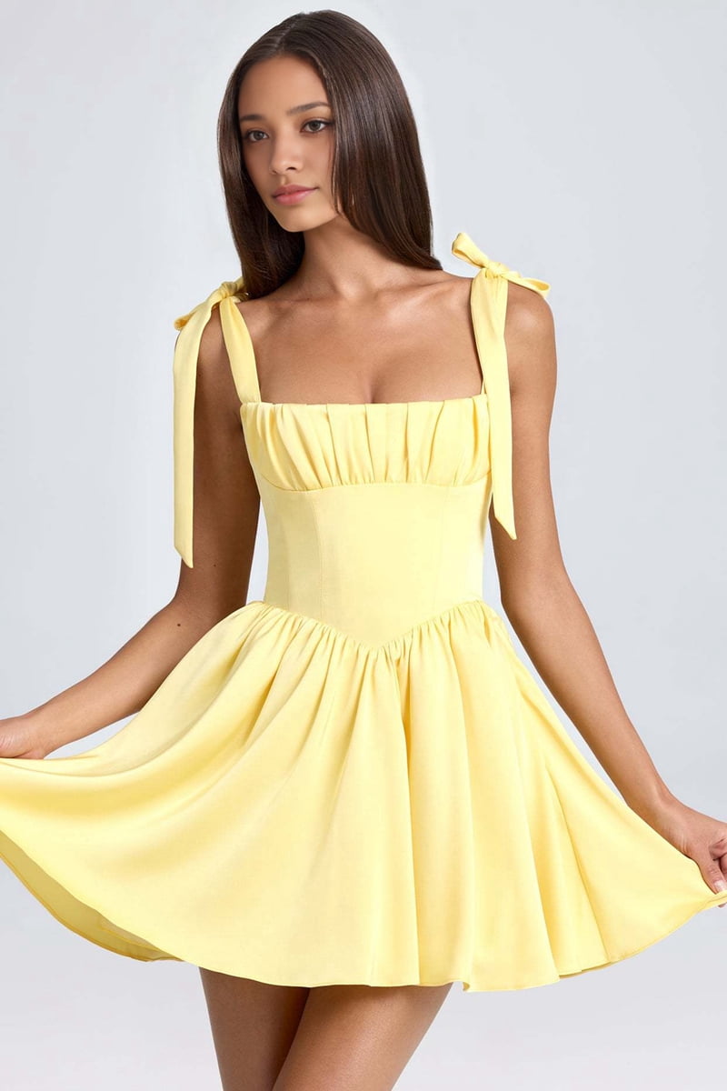 Smocked Ruched A Line Swing Dress Layered Tie Shoulder Flowy - Dress Yellow L