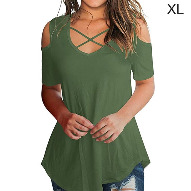 Blusa suelta de manga corta con camiseta sexy para niña con hombros descubiertos, vendaje verde, XL Scienceny AP001291-39