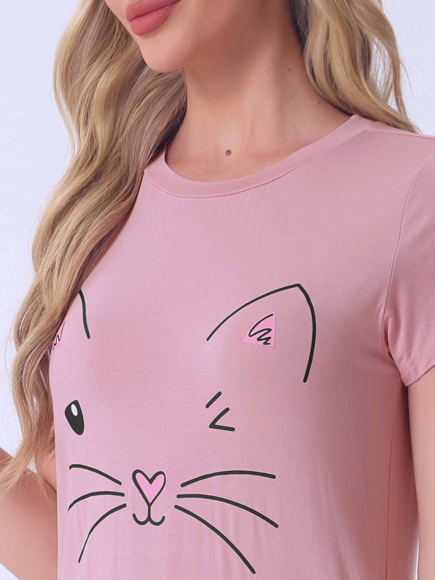 DARING DIVA Women's Cats Cute Printed Short Sleeve Nightgowns S Pink