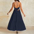thumbnail image 4 of LWavelet Womens Halter V Neck Tiered Maxi Dress Summer Beach Vacation Daily Casual Dress Dark Blue M, 4 of 5