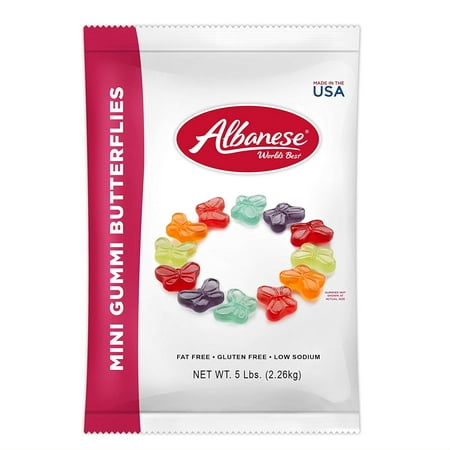 Candy Mini Gummi Butterflies 5 Pound Bag, Gummi Candy Assorted Flavors: Grape, Strawberry, Orange, Blue Raspberry, Cherry, Green Apple; Gluten Free Dairy Free Fat Free Low Calorie Albanese - 80 (Best Low Calorie Candy)
