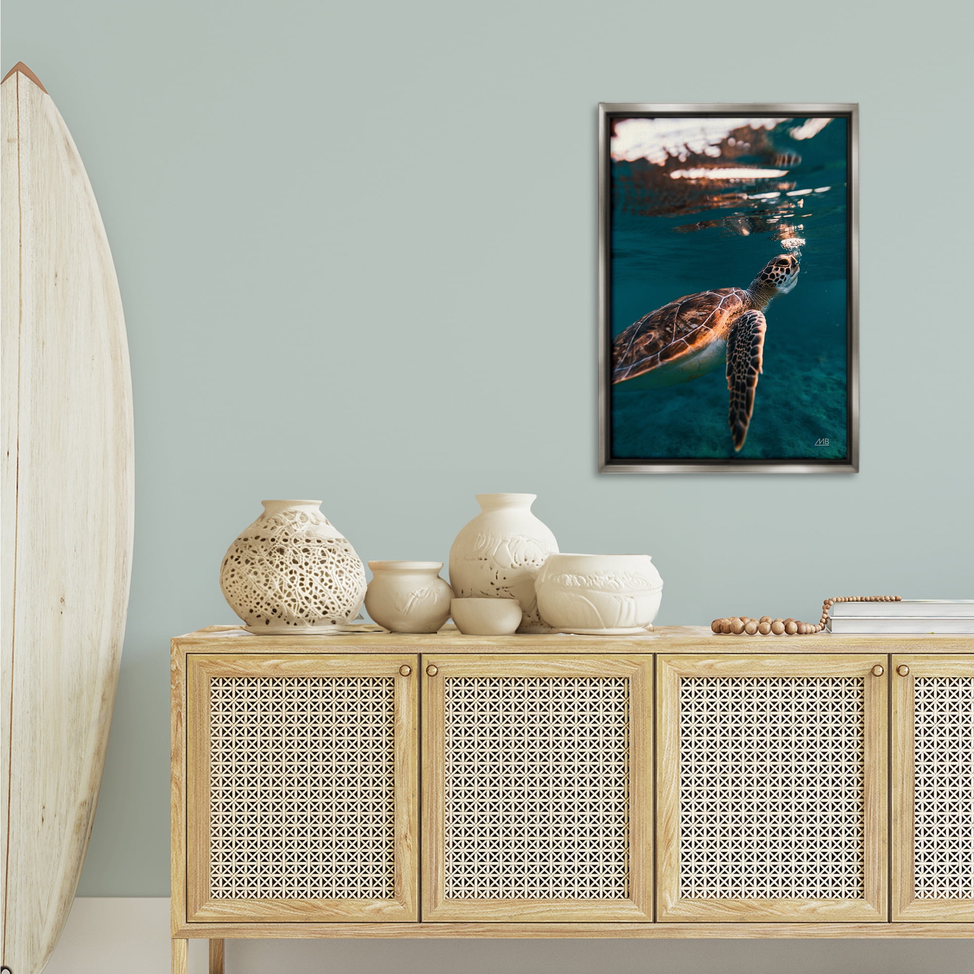 Stupell Industries Blowing Bubbles Turtle Animals Photography Gray Floater Framed Canvas Art Print Wall Art, 21 x 31