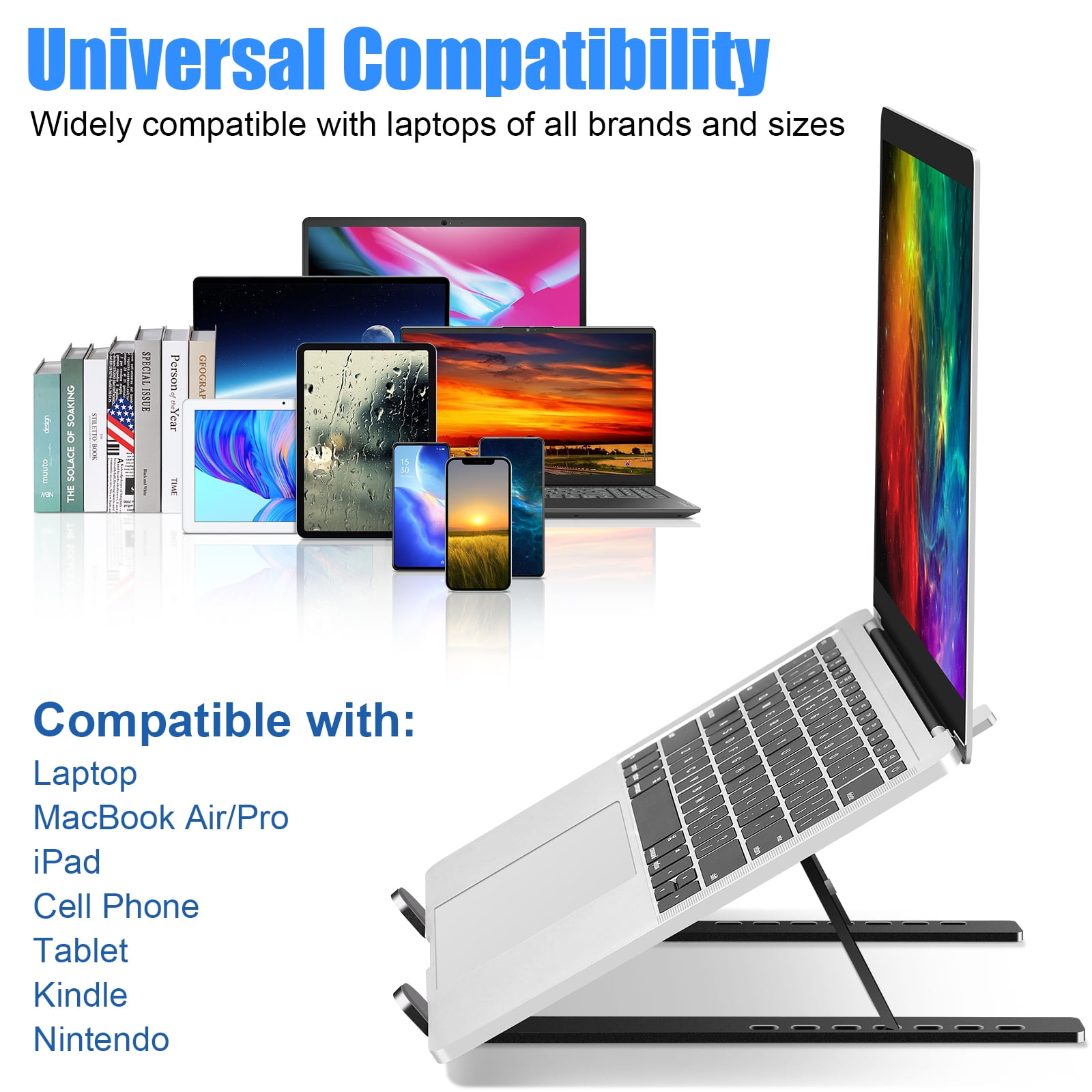 FIASON 1 Pack Black Adjustable Laptop Stand,Compatible with 9-17" Laptop,7-Levels Ventilated Aluminum Laptop Holder for Desk,Ergonomic Universal Computer Stand with aluminum, metal and Rubber