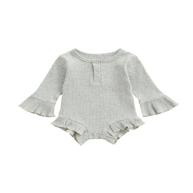 Baby Girl Knitted Ribbed Long Sleeve Ruffle Romper Bodysuit Onesie Tops