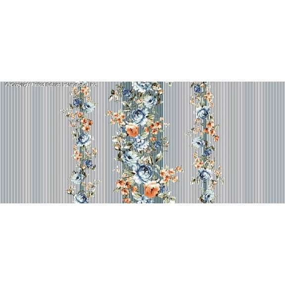 Challis Rayon Printed Saniyya, Floral Fabric, Dress Fabric (BLUE/ORANGE/OLIVE, ByYard)