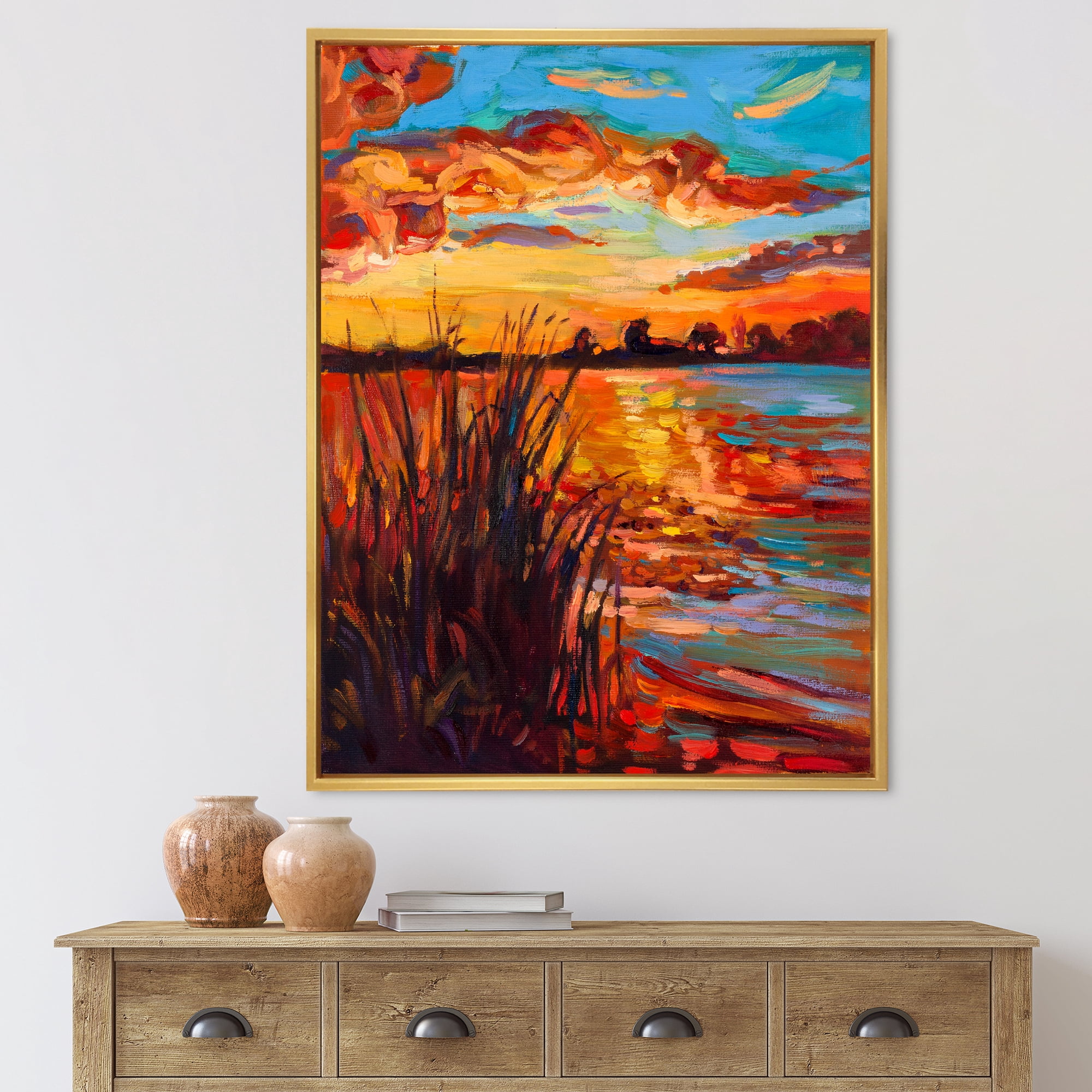 The Lake At Sunset Evening Glow I 30 in x 40 in Framed Painting Canvas Art Print, by Designart