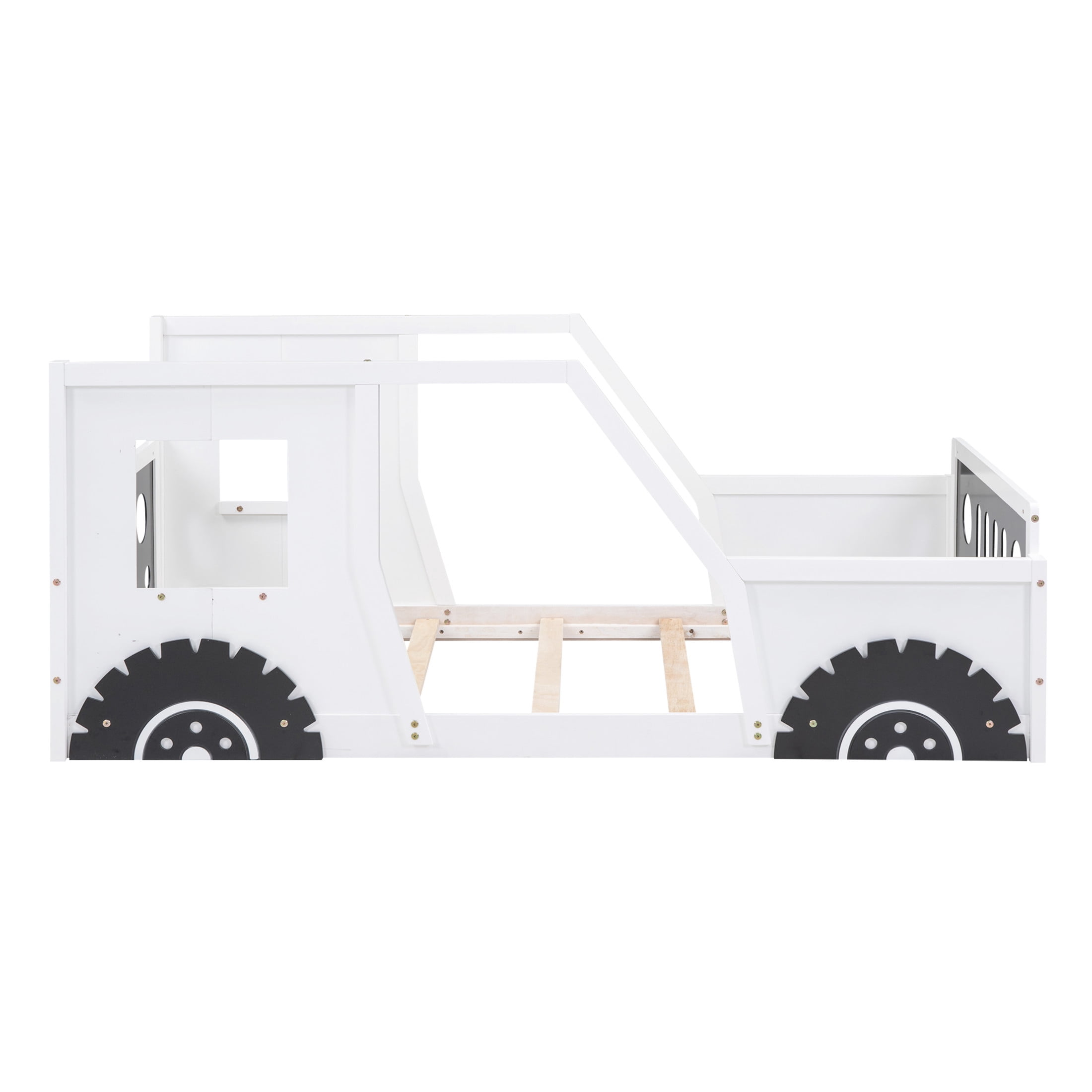 Noble House Twin Classic Car-Shaped Platform Bed, Playful Pine Wood Frame with Doors and Wheels, White