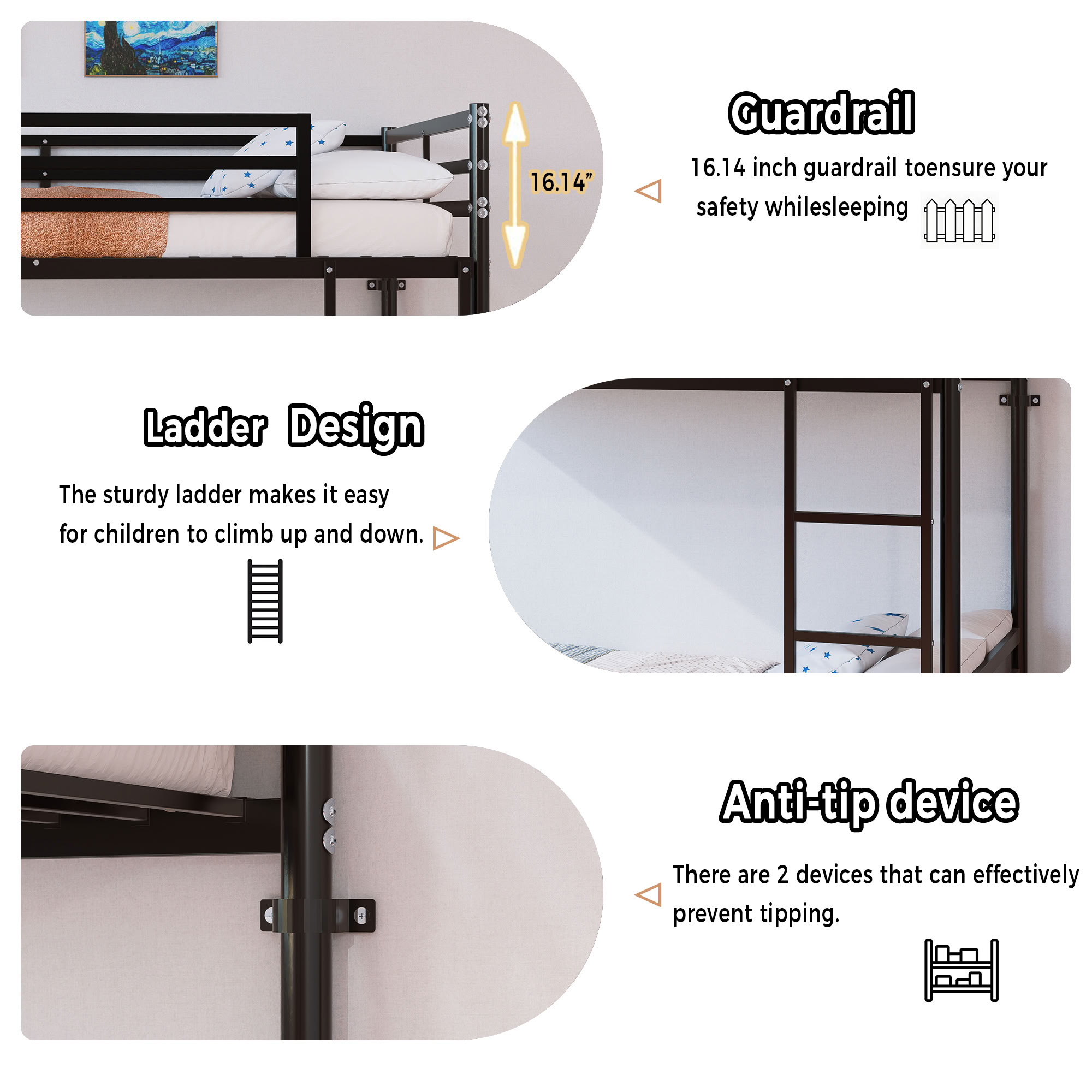 MAYEERTY Twin Over Twin Metal Bunk Bed with Guardrail and Ladder, Heavy Duty Storage Bed Frame for Kids Room