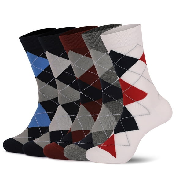 SwiftWear 5 Pairs Cotton Crew Socks for Men & Women, Moisture-Wicking & Breathable Everyday Socks, Classic Argyle Pattern, Multi-Color Comfort