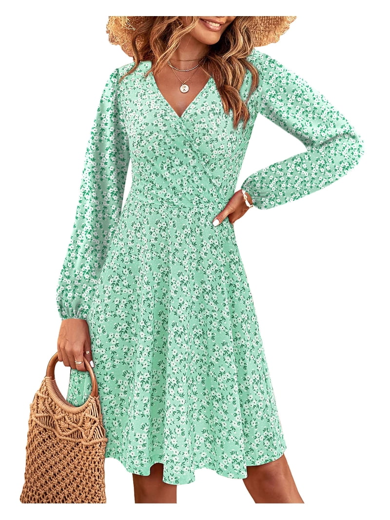 Uvn Fall Dresses for Women Long Sleeve V Neck A-Line Midi Dress Boho Beach Floral Print Sundress