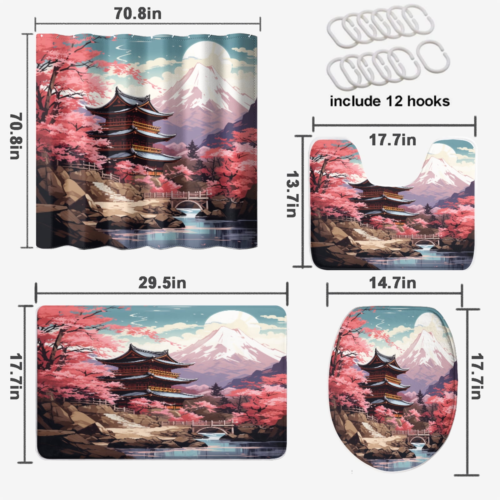 Abstract Cherry Blossom 4 Pcs Shower Curtain Set Japanese Asian Pink Flowers Mountain with 12 Hooks, Bath Mat Set Bathroom Decor by Durable Waterproof Fabric, 72x72 Inch