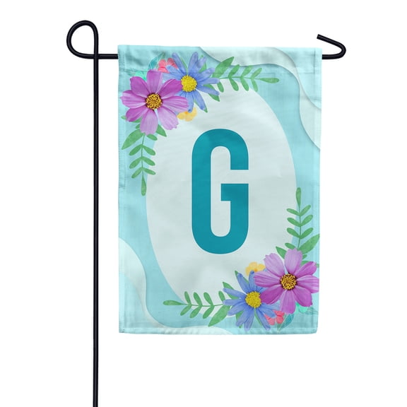America Forever Spring Monogram Garden Flag Letter G 12.5 x 18 inches Double Sided Vertical Outdoor, Yard, Lawn, Pink and Blue Flowers, Cosmos, Leaves, Summer Flower Garden Flag