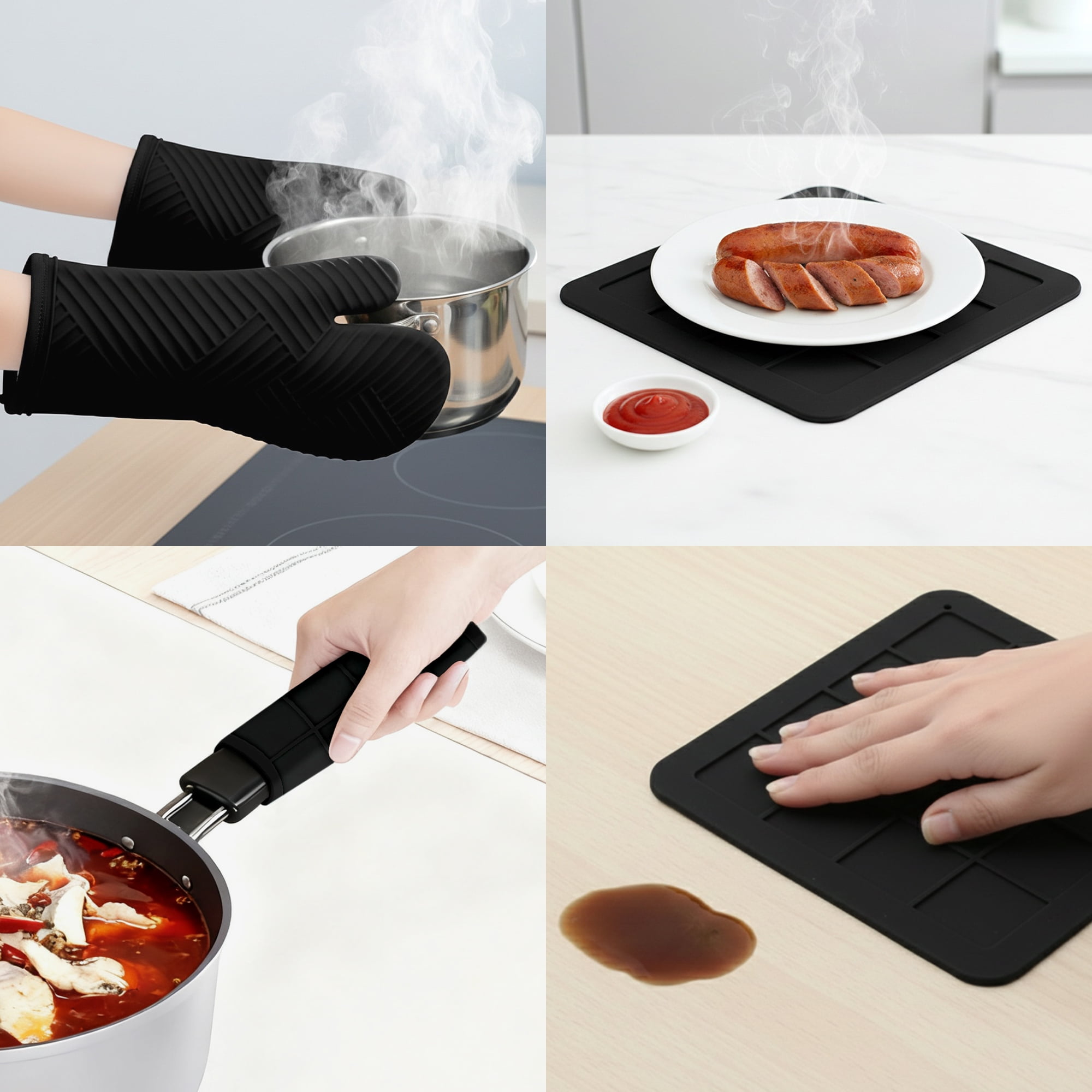 REGALWOVEN Oven Mitts and Pot Holders Sets of 4, Heat Resistant and Non-Slip Black 13x7.5inch