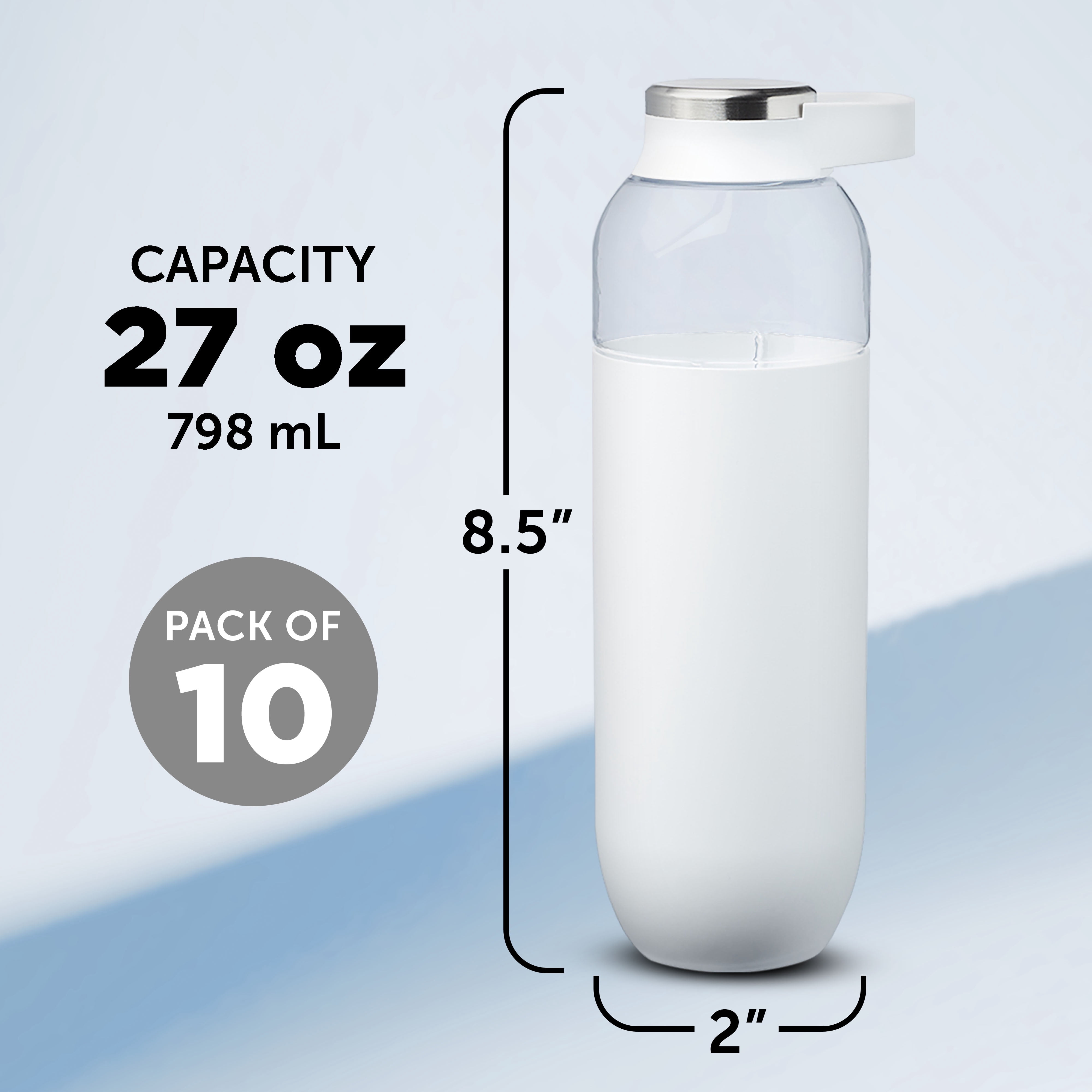 Strike Plastic Water Bottles with Carrier Handle 27 oz. Set of 10, Bulk Pack - Reusable, Great for Gym, Hiking, Cycling, and For School - White
