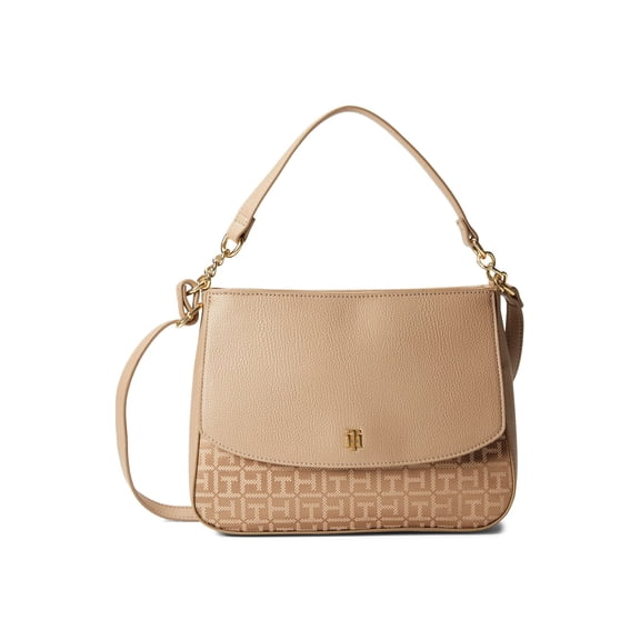 Tommy Hilfiger Yvette II Top-Handle Flap Satchel Square Monogram Jacquard Sherwood Tan One Size