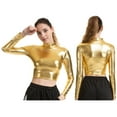 thumbnail image 5 of Zaldita Womens Shiny Metallic Crop Top Stretch Long Sleeve High Neck T-Shirt Rave Festival Clubwear Gold XXL, 5 of 6