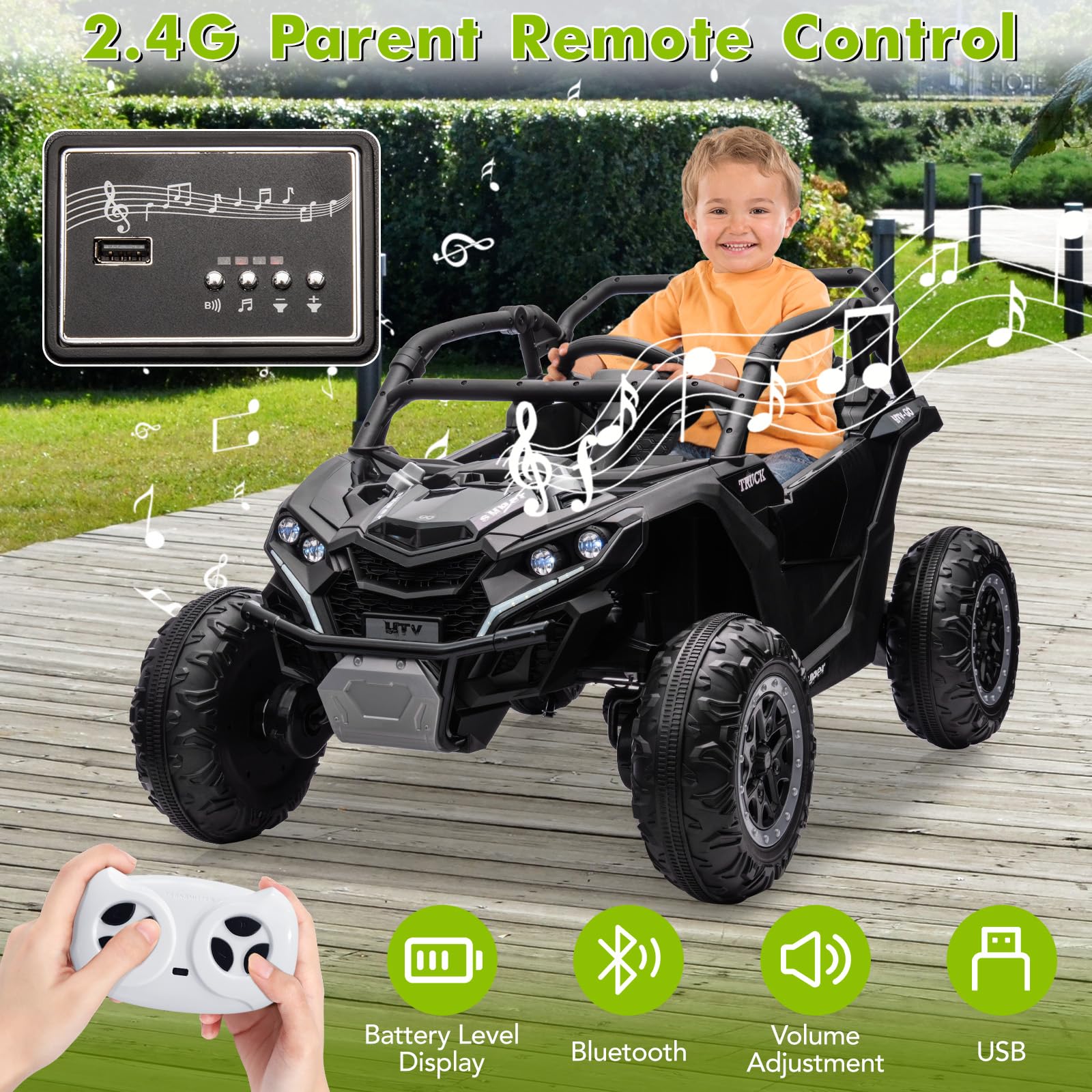 Luku 24V 2-Seater 4WD Kids Ride-On UTV, Parent Remote Control, 4 Shock Absorbers, LED Lights, Music, 3-Speed, Off-Road Electric Truck for Ages 3+