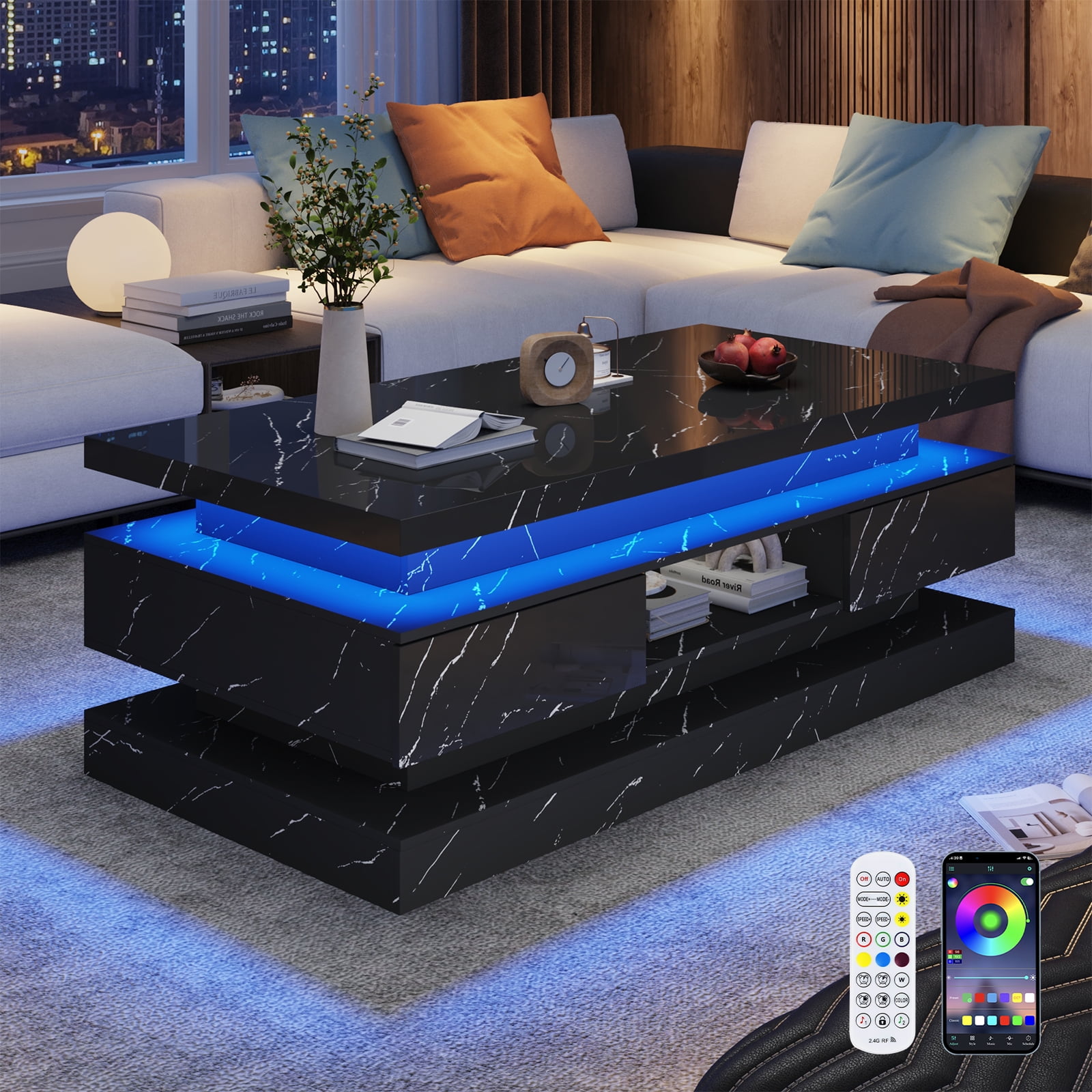 ChVans 47'' LED Coffee Table with 2 Storage Drawers, Modern High Gloss Black Coffee Table with Marbling Print, 3-Tier Rectangle Center Table for Living Room, APP Control
