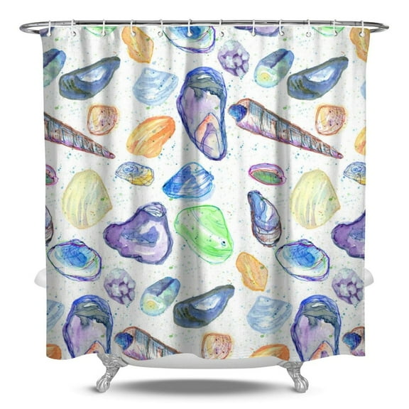 Seashell Shower Curtain Waterproof Fabric with Plastic Hooks Beach Shell Nautical Tropical Starfish Marine Life Sea Coral Fish Pattern Bathroom Shower Curtain Cute Spiral Seashell Design for Home and