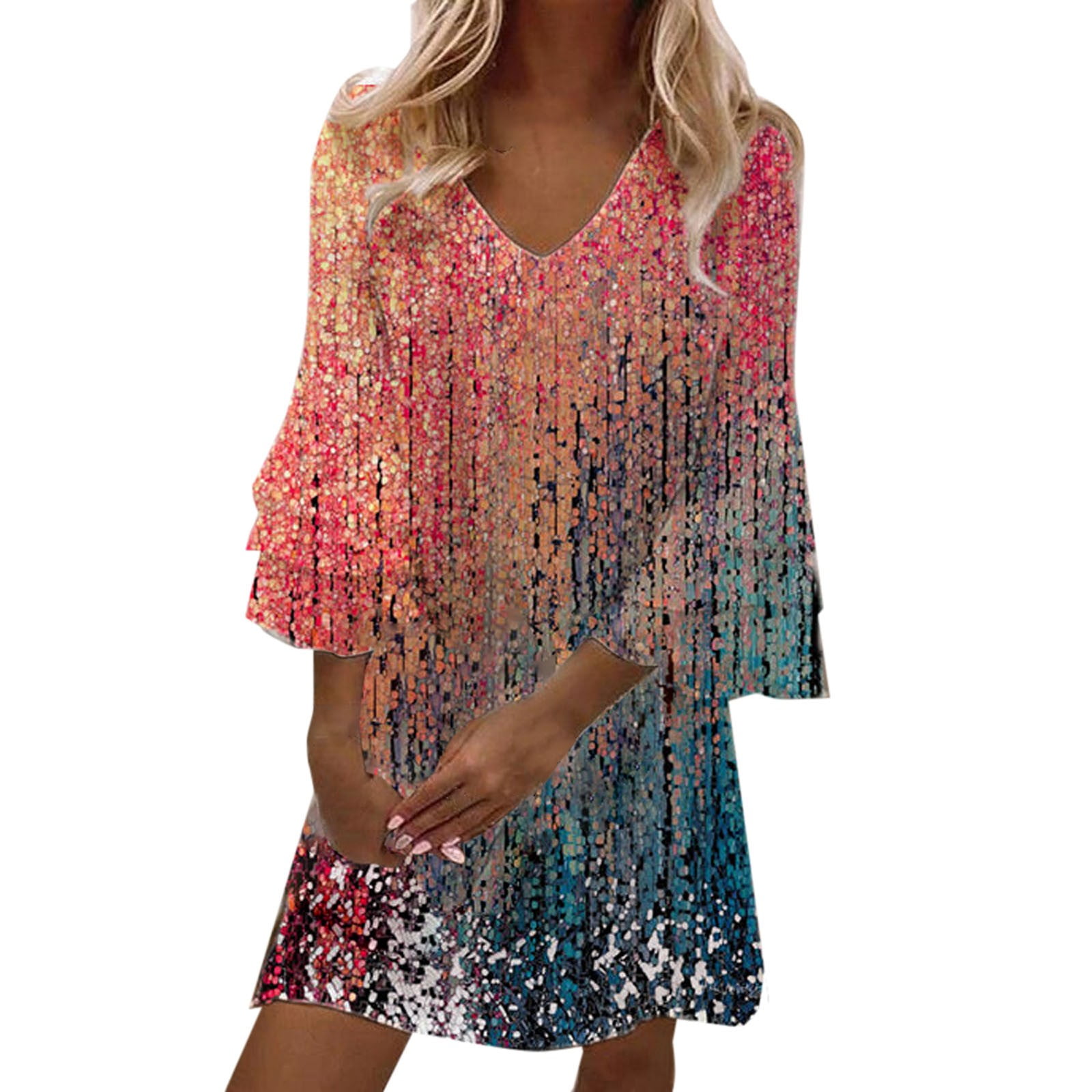 Pgeraug Polyester,Spandex fall dresses for women 2022 Cute Shift Dress Bell  Sleeve Three Layer Ruffle V Neck Loose Swing Print Mini Dress dresses for  women 2022 Red 2XL - Walmart.com