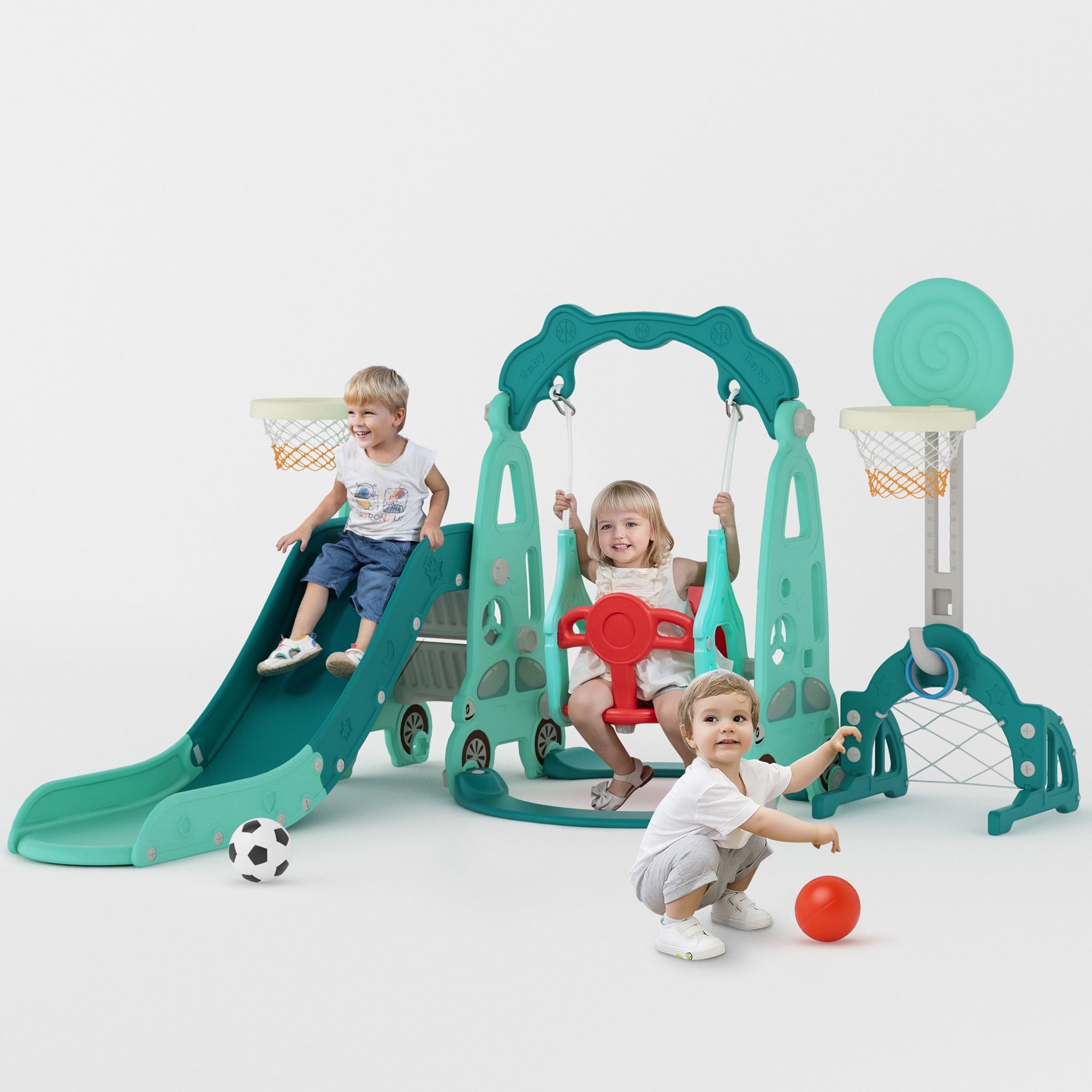 NYEEKOY 5 in 1 Toddler Slide and Swing Set, Indoor and Outdoor Kids Playset with Slide, Swing, Climber, Basketball Hoop and Ring Toss Game, Kids Slide and Swing Playground for Toddlers Age 1-8