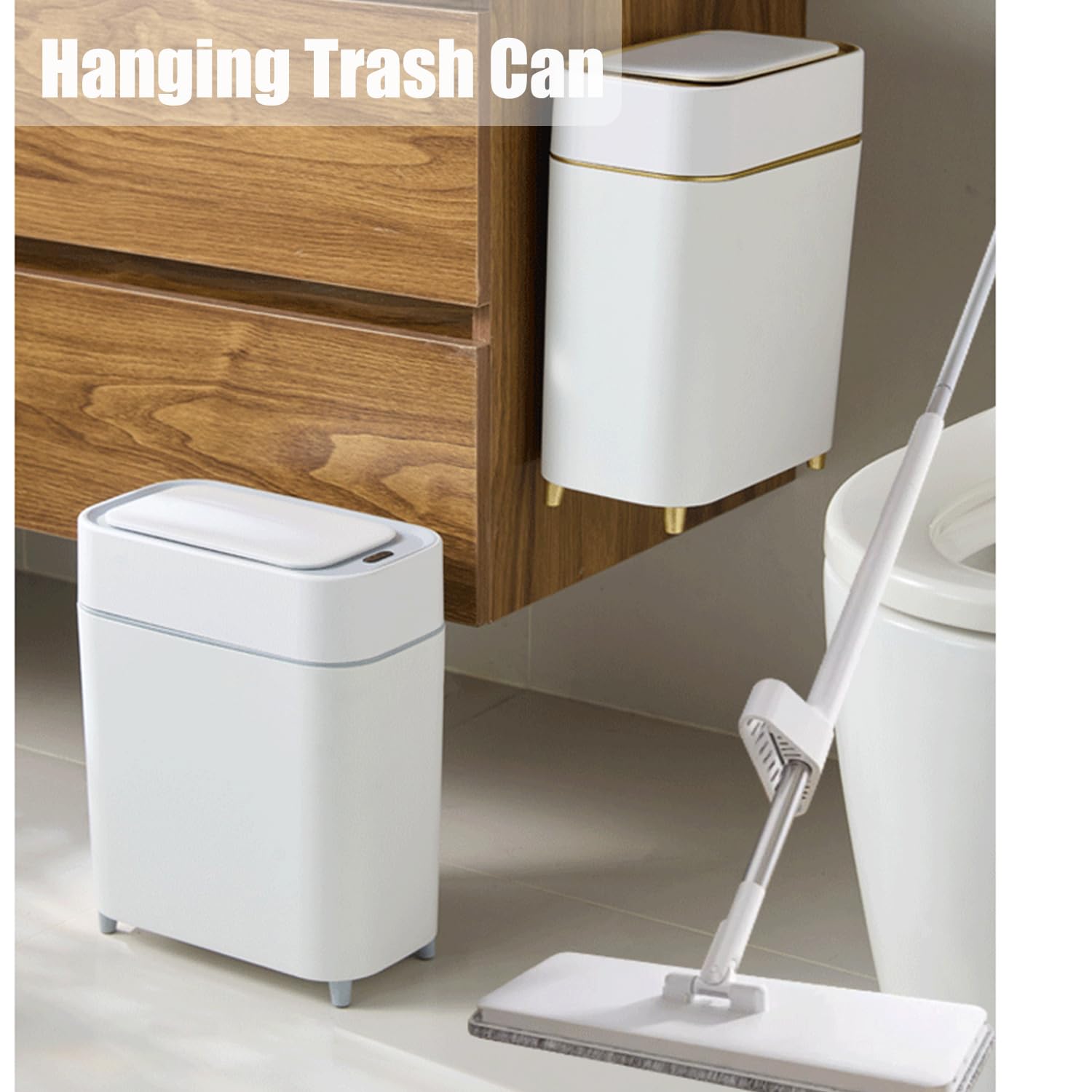Motion Sensor Trash Can Bathroom Automatic Touchless Lid - Sensor Garbage Can - Bathroom, Bedroom, Kitchen, Laundry Room, Small Spaces - Compact Smart Trash Bin - White with Gold Edge, 1Pack