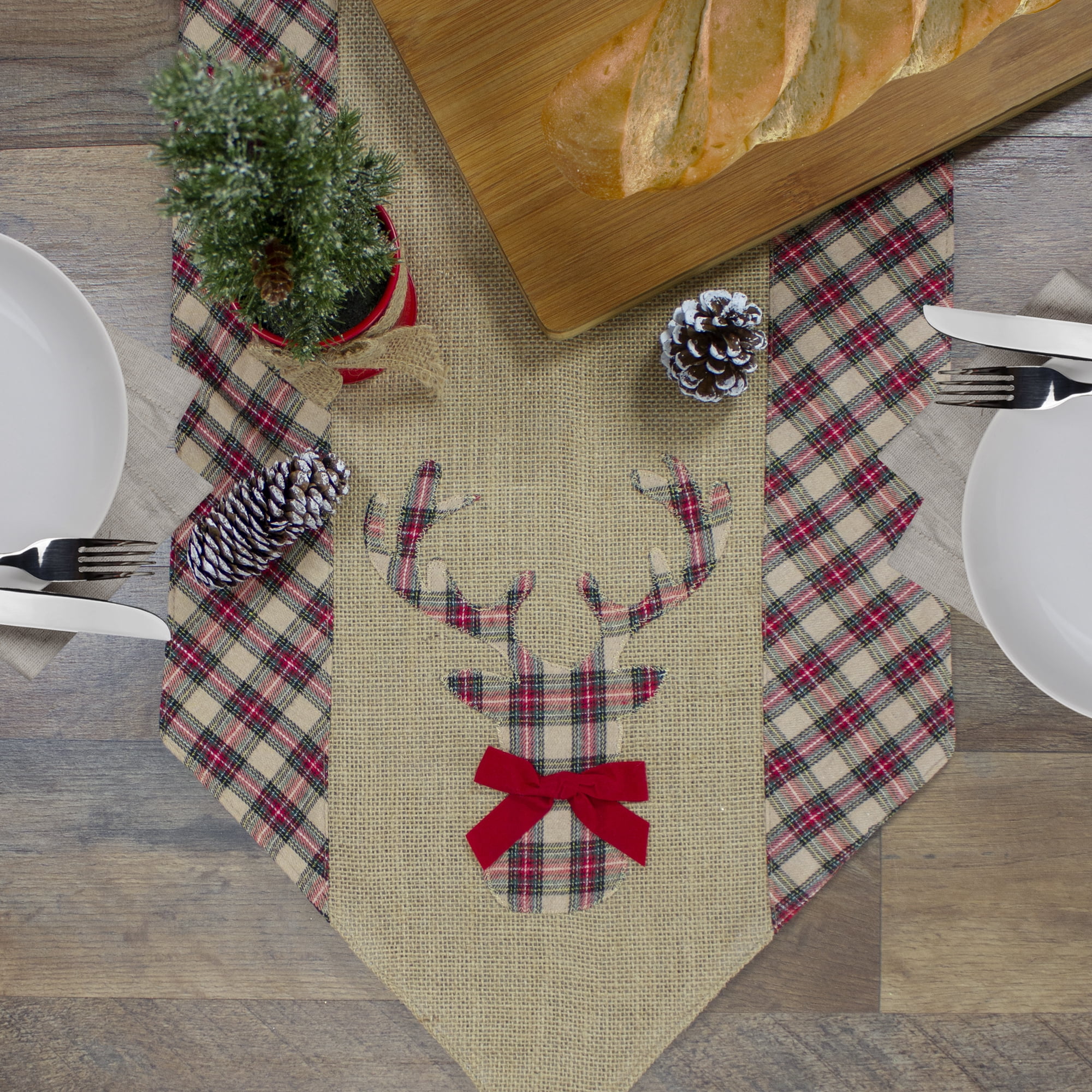 Northlight Burlap and Plaid Reindeer with Bow Christmas Table Runner - 36" - Red and Brown
