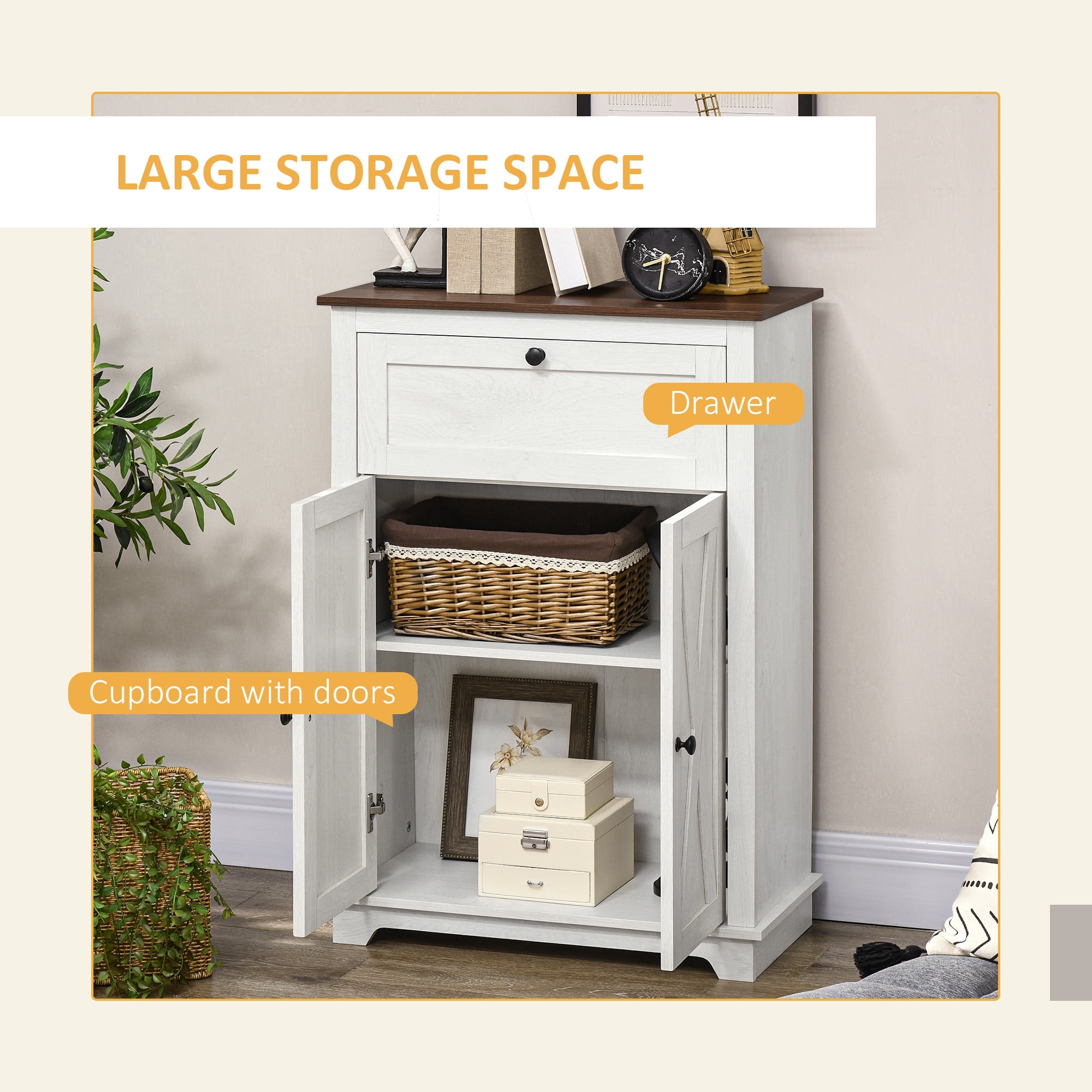 HOMCOM Farmhouse Storage Cabinet, Sideboard with Double Doors, Drawer, and Adjustable Shelf for Kitchen, Bedroom, Living Room, White