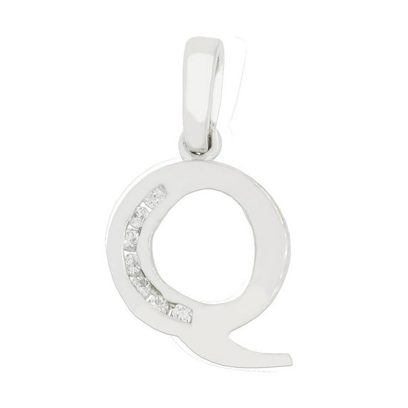 14k Gold White Rhodium, Small Initial Capital Letter Q Pendant Charm Created CZ 11mm Wide with 16" Dainty Neck Chain