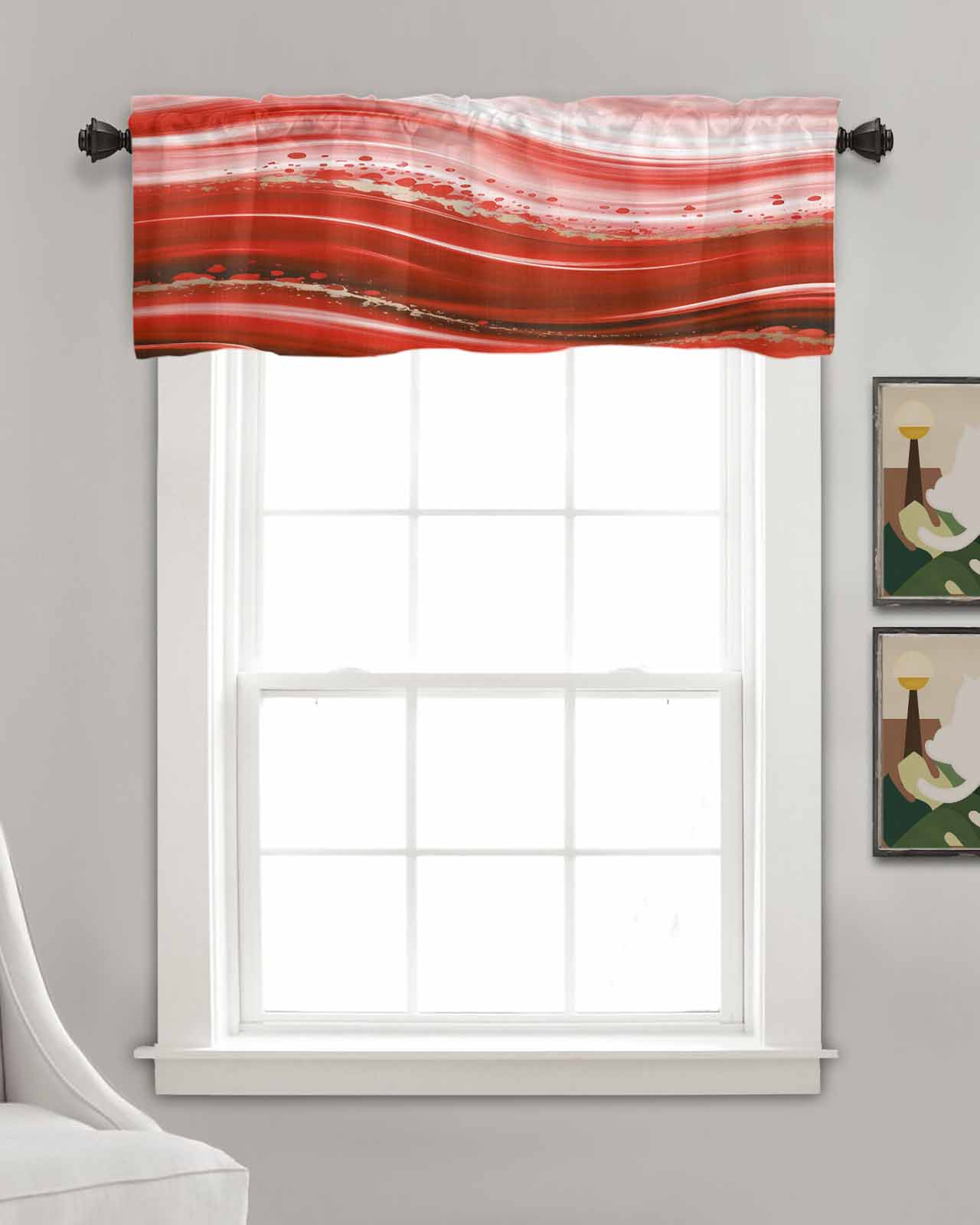 Red Waves Abstract Kitchen Valances for Windows Farmhouse Linen Window Valance Curtain for Living Room Window Treatment Ombre Fluid Water Ripple Striped Valance Rod Pocket Topper Drape, 54 x 18 Inch