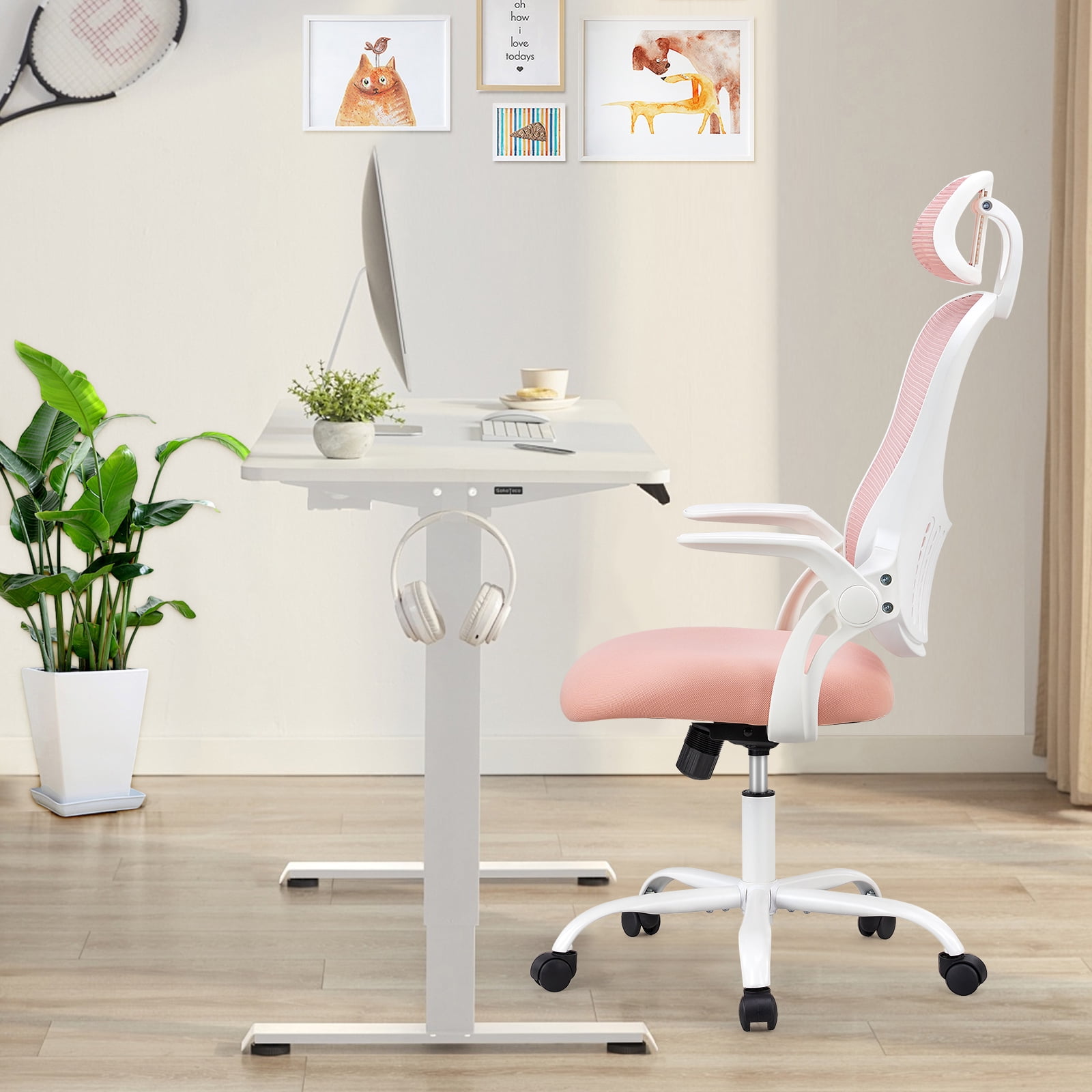 CONCETTA Office Computer Desk Chair, Ergonomic High-Back Mesh Chairs with Wheels and Adjustable Headrests, Pink
