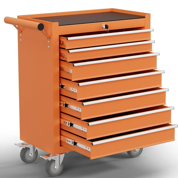 7-Drawer Tool Chest,Rolling Tool Cart with Wheels,High Capacity Tool Cabinet with Locking System for Garage, Warehouse, Workshop-Orange