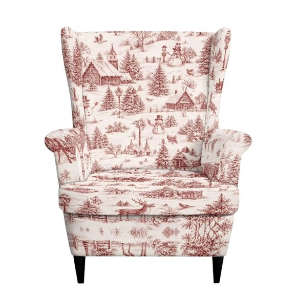 Cugasmaru Red Winter Village Wingback Chair Covers Stretch Spandex Wing Chair Slipcovers Non-Slip Single Seater Sofa Cover for Living Room