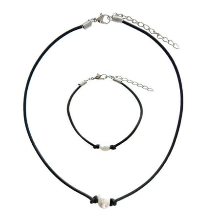 - Set-2 Pearl Leather Choker and Bracelet on Genuine Black Greek Leather Cord for Women