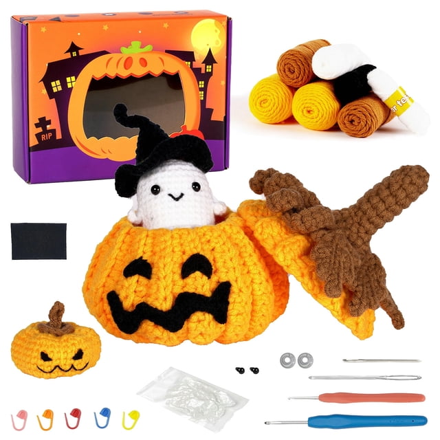 Tignapoo Halloween Crochet Kit for Beginners: DIY Sugar Bag Pumpkin, House & Green Monster Plush Toy Set with Yarn & Instructions