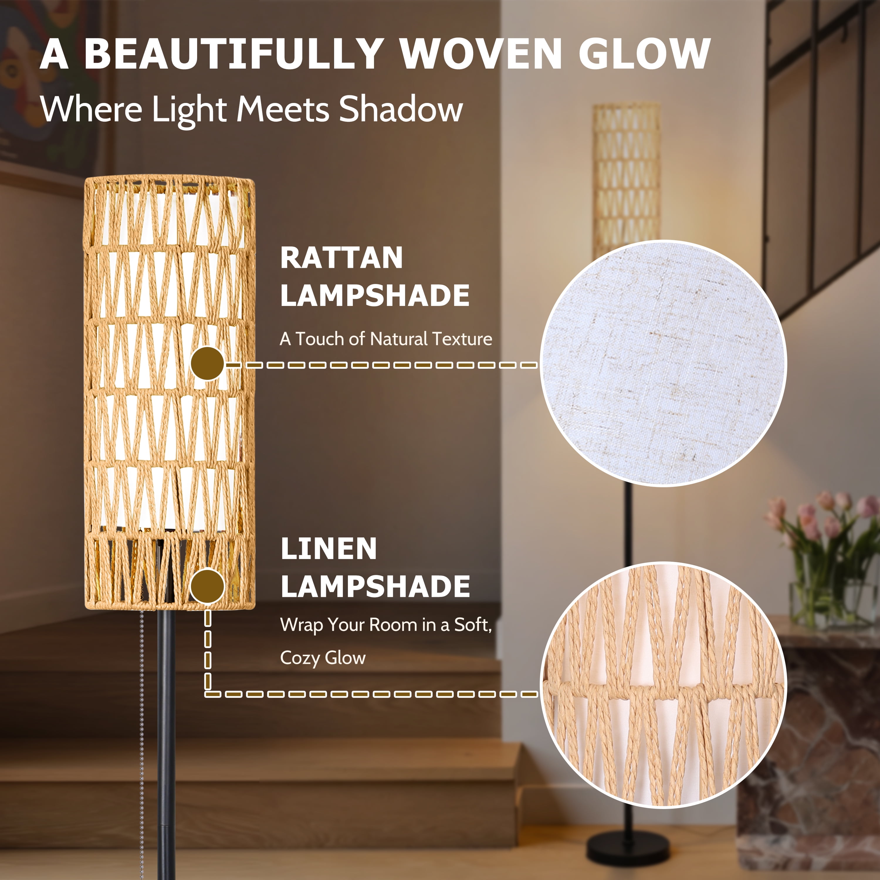 Coliware 63” Rattan Floor Lamp, Black Modern Standing Lamp with Pull Chain Dual Shade, Reading Pole Lamp with 3 Color Temperatures