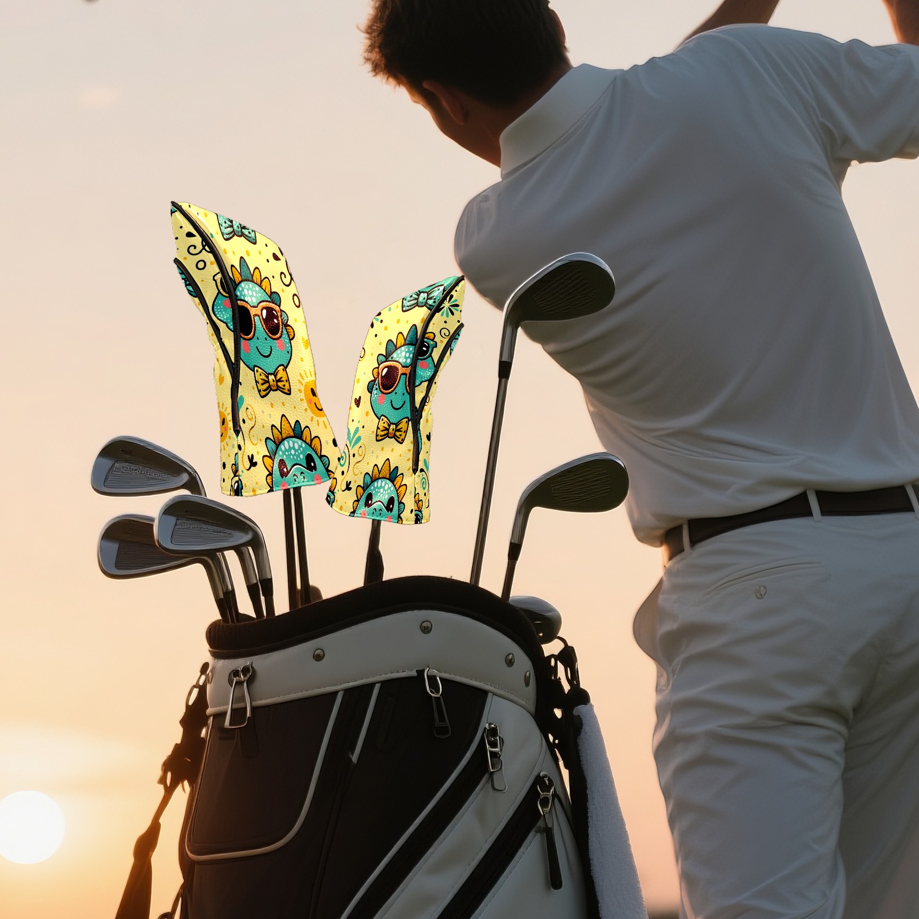 Golf Club Covers, Yellow Sunglass Dinos Premium PU Leather Driver Hybrid Putter Head Covers with Velvet Lining, Waterproof Golf Gifts for Men Women