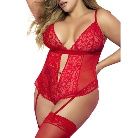

Mapale Womens Plus Size Heart Lace Garter Teddy Style-8568X