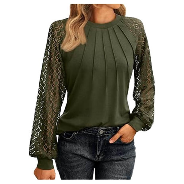 Camisa de manga larga con encaje recortado para mujer: top de punto informal de negocios, poliéster y spandex, tallas S-XXL, moda otoñal