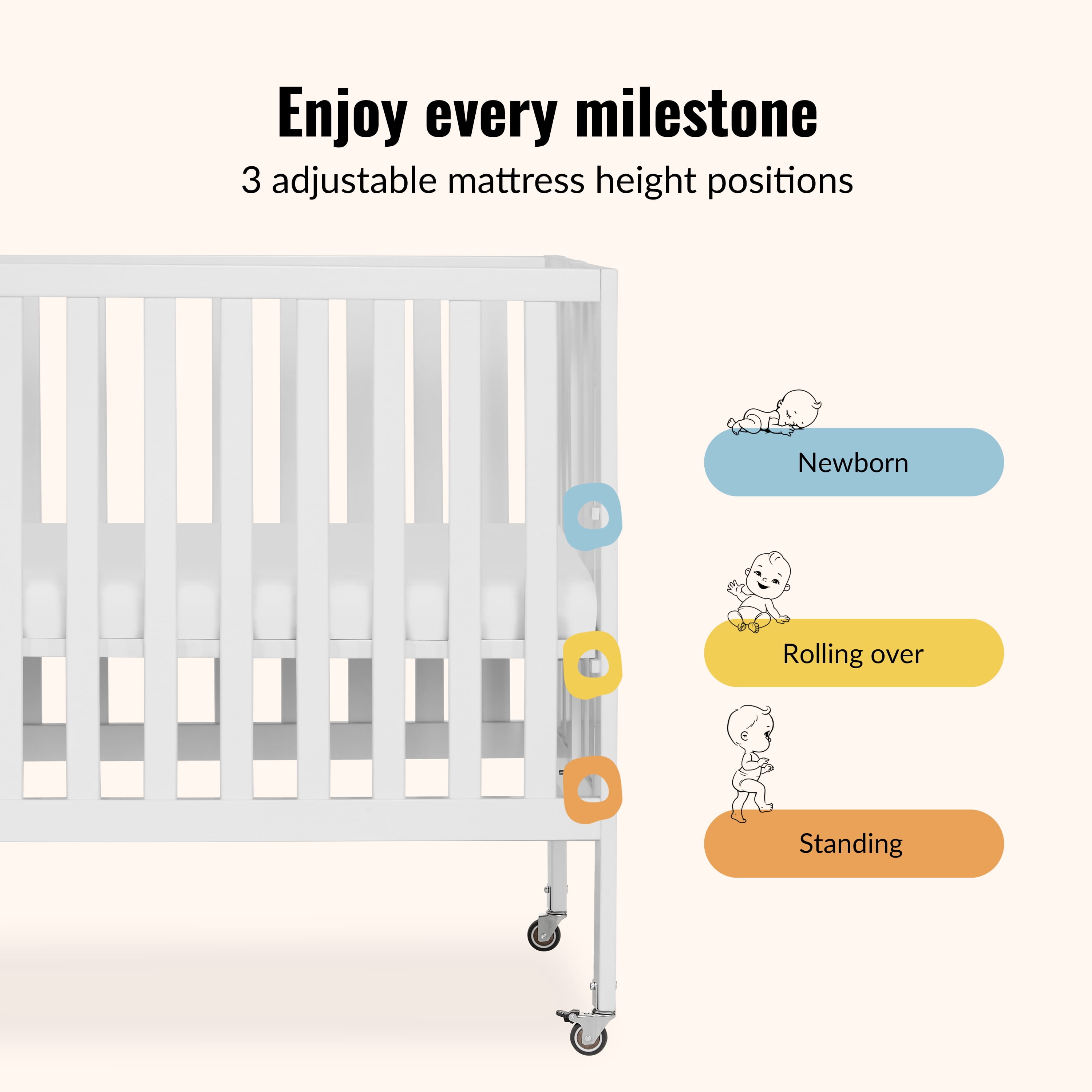 Dream On Me Jett Non-Full Size Folding Crib I Removable Wheels I Modern Nursey I Adjustable Mattress Support I Patent Folding System I Included 2.5” Mattress In White