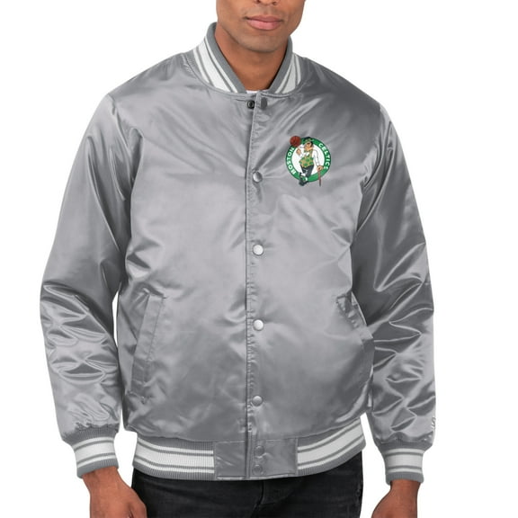 Men's Starter Gray Boston Celtics Printed Team Name Satin Varsity Full-Snap Jacket