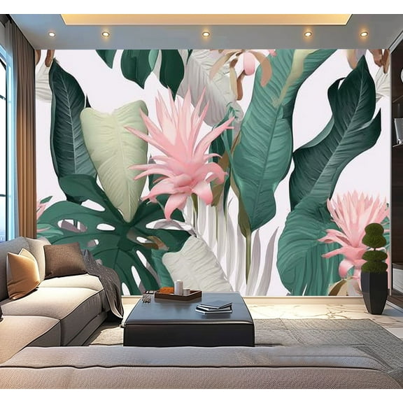 Peel and Stick Wallpaper Waterproof Floral green banana leaves pink Bromeliaceae plant palm Wall Mural Decor Self Adhesive and Removable 100in x 144in