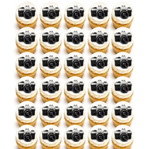 SugarMeLicious Vintage Camera Edible Cupcake Toppers, Retro Photography Dessert Decorations, Camera Lover Party Treats, 30 Pack 1.5 Inch Frosting Circles
