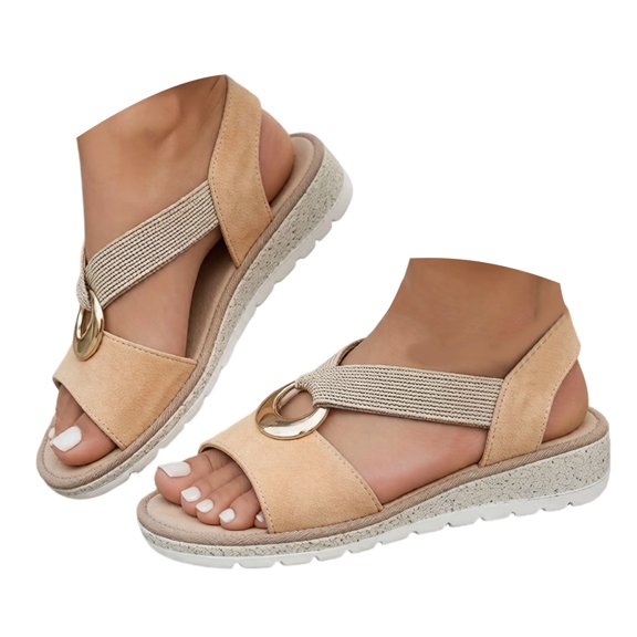 Rokment Womens Comfortable Platform Wedge Walking Sandals 2026 Stylish Casual Suede Buckles Elastic Ankle Strap Slip on Slingback Dressy Summer Shoes Beige Size 5.5