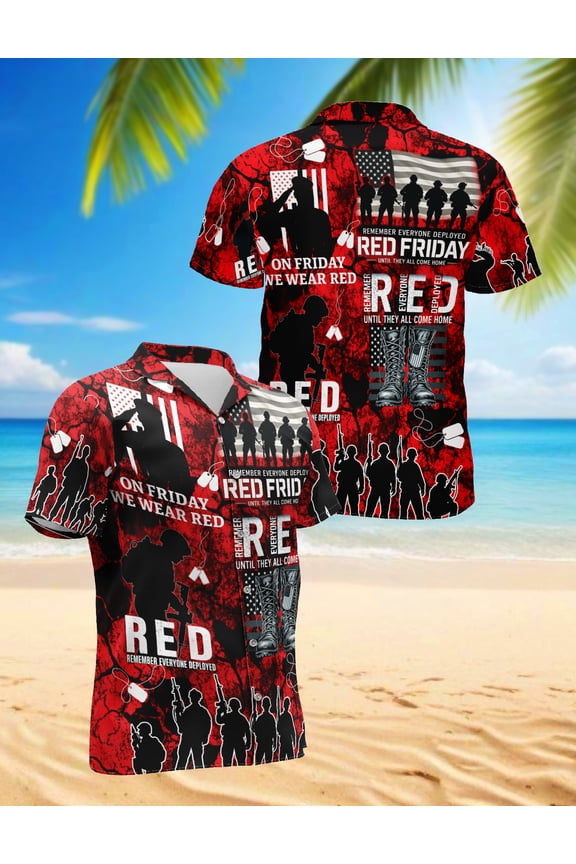 Veteran Red Friday Hawaiian Shirt for Men, Patriotic Style, Button Down Summer Beach Short Sleeve, S-5XL