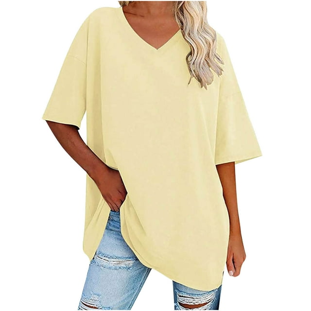 Plebaso T-Shirts Oversize pour Femmes Col en V Manches Mi-Longues Tee-Shirts Décontractés Confortables Tops Amples pour Femmes