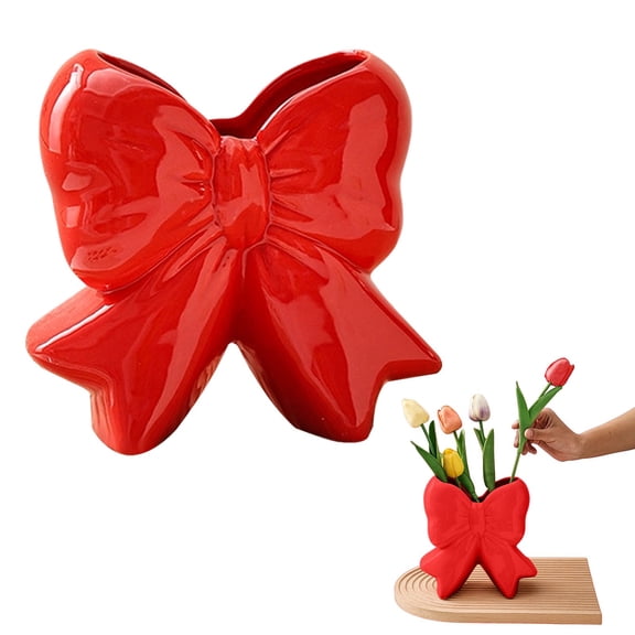HonestMatter Flower Vase with Bow Bow Vase Bow Flower Vase Ceramic Modern Farmhouse Decorative Centerpiece for Table Bathroom Shelf Large Red