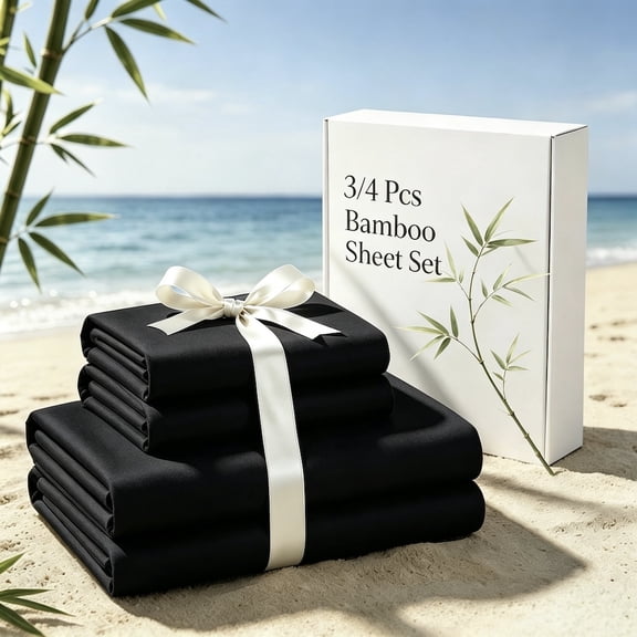 3/4pcs Luxury Bamboo Bed Sheet Set, Black Twin, Breathable and Cooling Bed Sheet, Extra Deep Pocket 16 Inch Bed Sheet