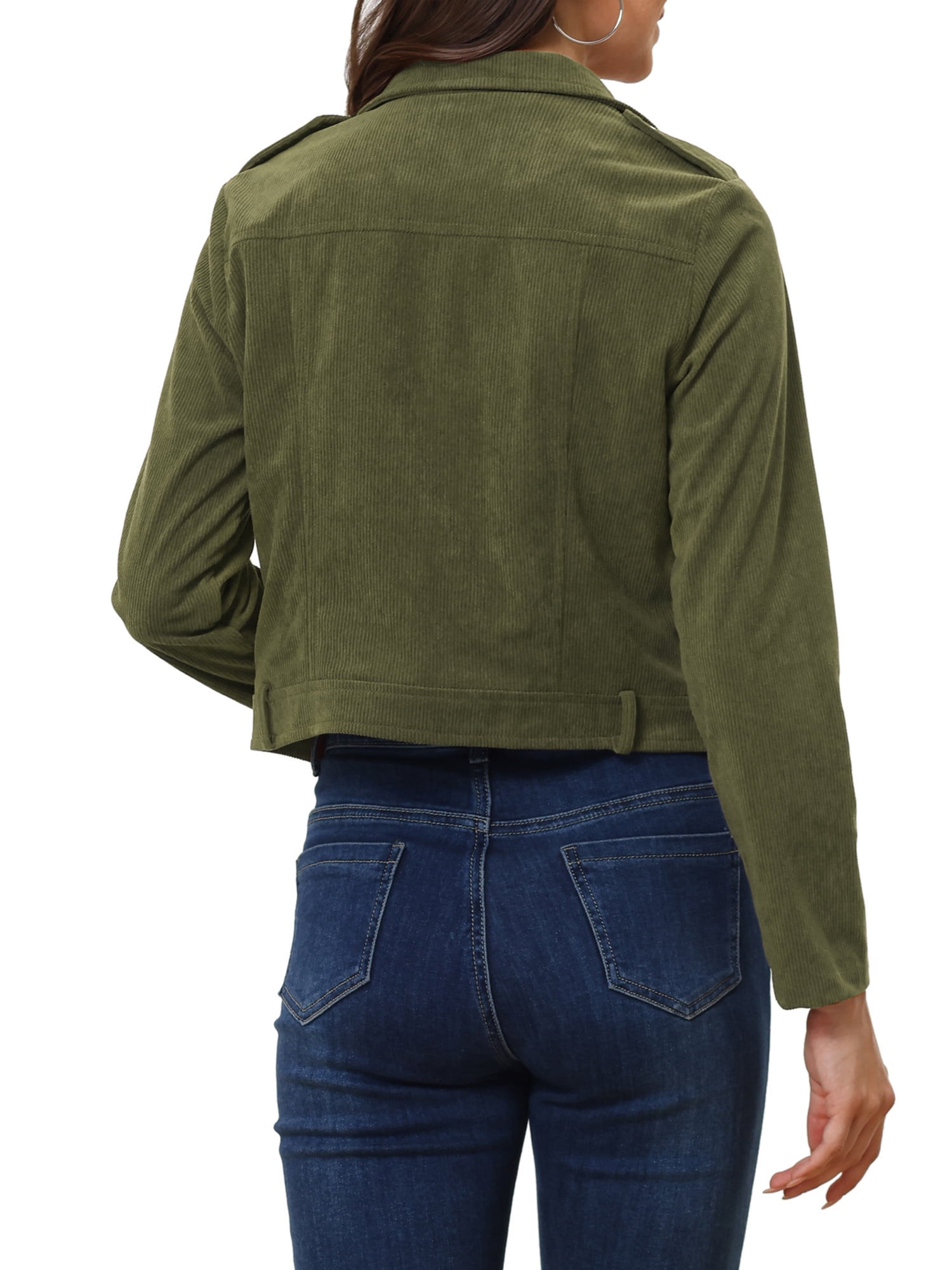 Unique Bargains Women's Corduroy Notched Lapel Zip Up Motorcycle Jacket